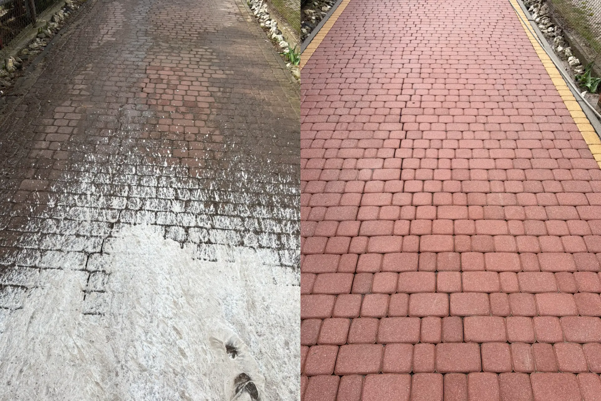 Czyszczenie czerwonej kostki brukowej — przed i po