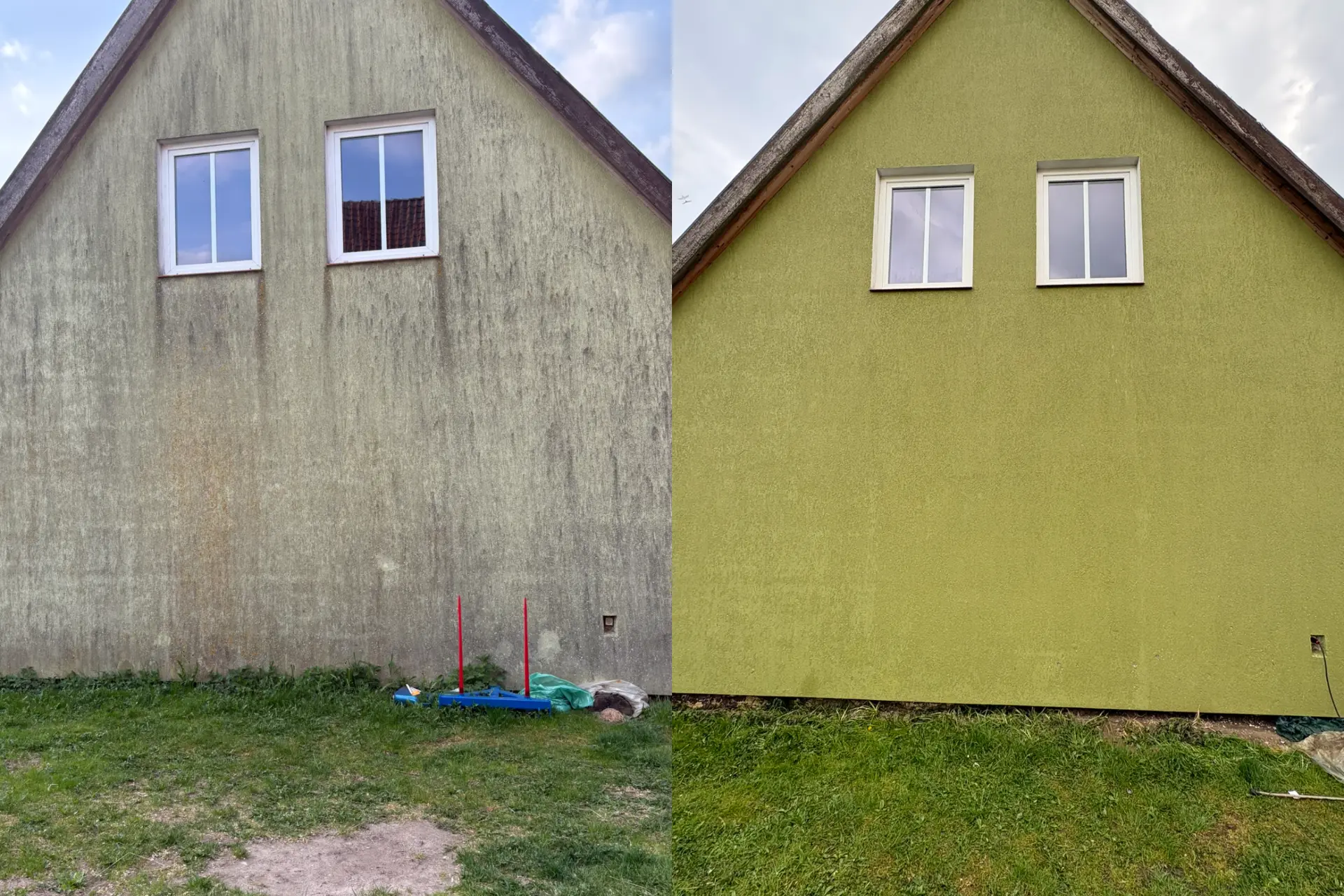 Zielona elewacja — przed i po myciu Softwash
