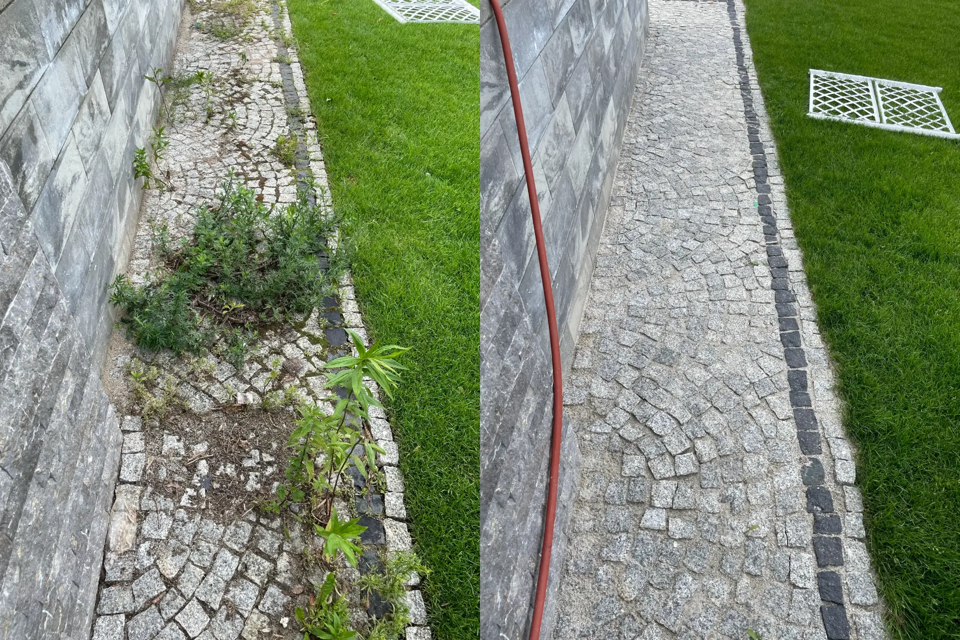 Czyszczenie ścieżki z kostki granitowej z chwastów — przed i po