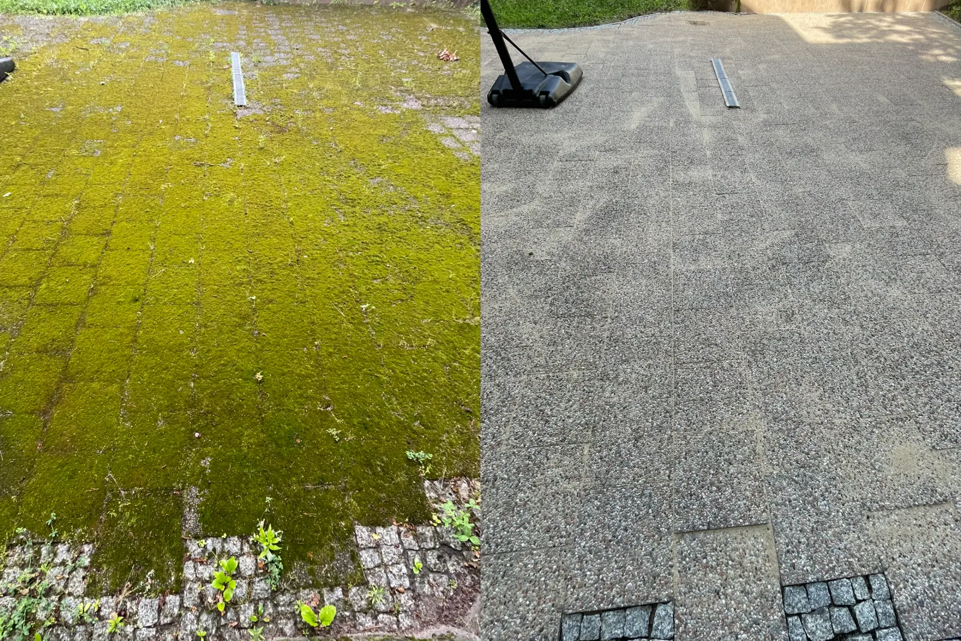 Usuwanie mchu z kostki brukowej — przed i po